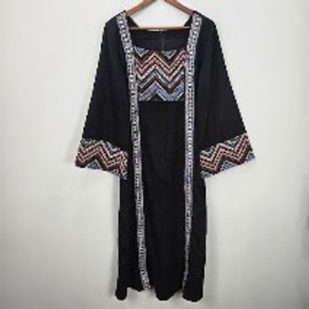 Black Corduroy Maxi Dress L Bell Sleeve Embroidered Boho Peasant Cottagecore